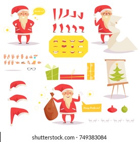 Santa Claus for animation. Creation set. Collection of mouths. Vector. Cartoon. Isolated art on white background. Flat. Different positions of the hands
