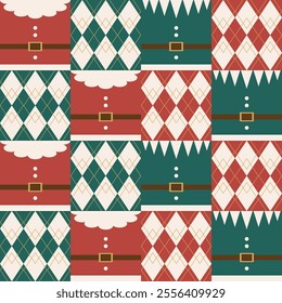 Santa Claus and argyle checkered style, seamless pattern for wrapping paper, wallpaper and decoration.
