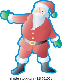 Santa Claus with arm out presenting something.