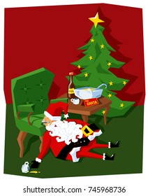 santa claus asleep after drinking eggnog with rum - a funny Christmas illustration