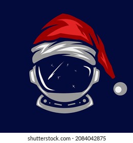 Logo del astronauta Santa claus línea arte pop retrato de diseño colorido con fondo oscuro. Ilustración del vector abstracto.