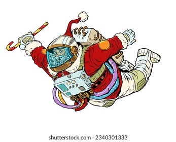 Astronauta de Santa Claus. Navidad espacial. Unas vacaciones increíbles. Ilustración de vectores retro de arte pop Estilo kitsch vintage de los años 60. Sobre un fondo blanco