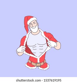 Santa Claus athletic body shape unbuttons his clothes. a bearded athlete undresses.  hand drawn style vector illustration design.