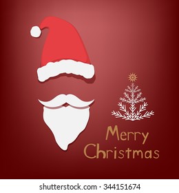 Santa Claus attributes - hat, mustaches and beard, fair tree silhouette, 'Merry Christmas' inscription, red background. Christmas greeting card.