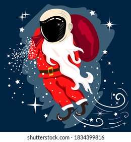 Santa Claus austronaut flying with a gift in space. Delivering shipping concept. Funny cartoon poster.