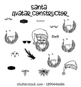 Santa Claus avatar character creation set. Different views, isolated against white background. Build your own design. Cartoon style infographic illustration