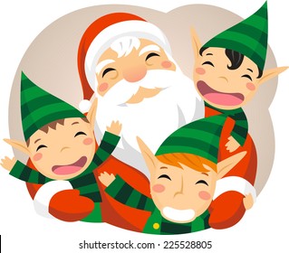 Santa claus with baby elves vector cartoon illustration