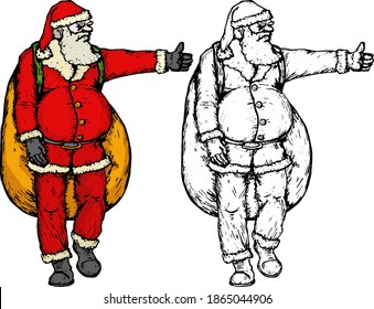 Santa Claus with backpack of Christmas presents raise his thumb to hitchhike for a ride. Hand drawn vector illustration.