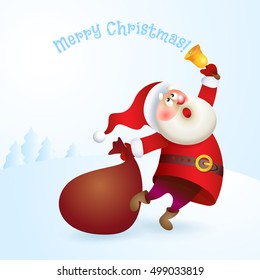 Santa Claus with a bag and bell. Vector Christmas illustration. Old man Santa character.