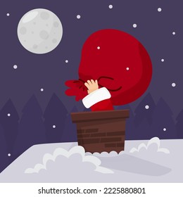 Santa Claus with bag in the chimney on the roof at night. Vector illustration in cartoon style