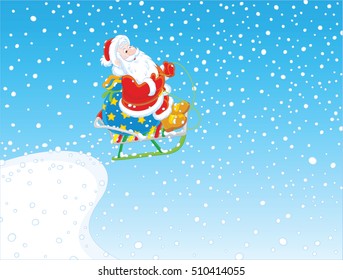 Santa Claus with a bag of Christmas gifts flying from a snow springboard on his sledge