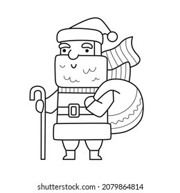 Santa Claus with bag of christmas presents and gifts. cartoon character. Funny cute outline illustration. Vector isolated emblem for logo, coloring book, tattoo, print.