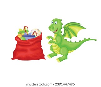 Santa Claus bag with a dragon. Cute Christmas illustration with a picture of a bag of gifts and a cute dragon. Santa Claus s bag. Vector illustration isolated on a white background