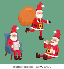 Santa Claus con bolsos, galletas y carta de lectura. Conjunto de ilustraciones vectoriales.