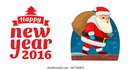 Santa Claus with bag. Flat vector illustration for New Year and Merry Christmas.