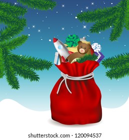 Santa Claus bag in the forest, christmas card