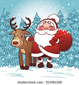 Santa Claus with bag full of Christmas gifts and reindeer in the snow. Happy New Year card. Vector illustration.