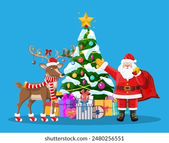 Santa claus with bag full of gifts and his reindeer. Happy new year decoration. Merry christmas holiday. Decorated fir tree with gift boxes. New year and xmas celebration. Flat vector illustration