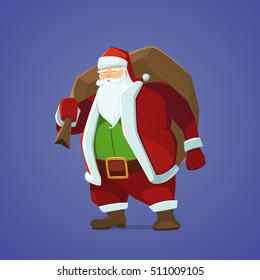 
Santa Claus with a bag full of presents, cartoon vector illustration.