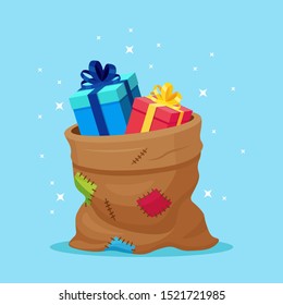 Santa Claus bag with gift box isolated on background. Christmas sack full of presents package. Vector cartoon design 