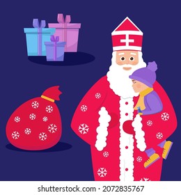 Santa Claus with bag of gift boxes. Child with candy present. Little boy. Color gift boxes