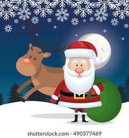 santa claus and bag gift reindeer landscape snowflake card