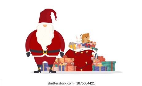 Santa Claus with a bag of gifts. A beautiful gift box with a stunning bow. Mountain gifts. Christmas gift box. Vector.