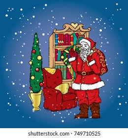 Santa Claus with a bag of gifts in a beautiful living room with a Christmas tree. Vector illustration. New Year's and Christmas.