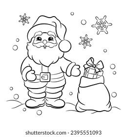 Papá Noel y una bolsa de regalos. Ilustración vectorial en blanco y negro. Libro de Colores para niños.