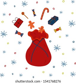 Santa Claus bag with gifts and candy. A full sack of holiday gifts. Colorful illustration on a white background with snowflakes vector