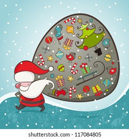 Santa Claus and bag with gifts. Christmas Card. EPS 8 vector illustration.