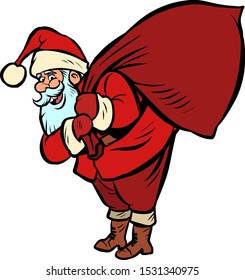 Santa Claus with a bag of gifts. Christmas and New year Comic cartoon pop art retro vector drawing illustration