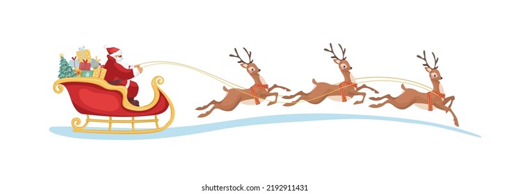 Santa Claus con una bolsa de regalos y un árbol de Navidad recorre en trineo con reno, silueta vectorial de dibujos a color plano aislada en fondo blanco. Ilustración navideña para el diseño, pegatina.