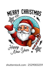 Santa Claus with a bag of gifts. Christmas and New Year poster. Original vector illustration in vintage style. T-shirt design. Hand drawn, not AI