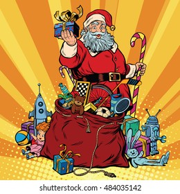 Santa Claus with bag of gifts. Christmas and New year, pop art retro vector illustration