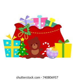 Santa Claus Bag with gifts. Christmas tree with toys. New Year card