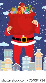 Santa Claus and bag of gifts in city. Christmas in town. Snow and buildings. High Santa and big red sack walking down street. New Year card. Xmas template design
