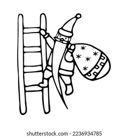 Santa Claus with a bag of gifts climbing the stairs. Doodle vector illustration