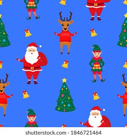 Santa Claus with a bag of gifts, elf and deer in the sweater. Christmas and New Year's seamless pattern