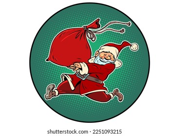 Santa Claus with a bag of gifts. Fast holiday shipping. New Year and Christmas
