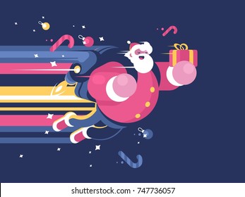 Santa Claus with bag of gifts flying on holiday. Vector illustration