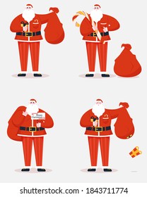 Santa Claus with bag gifts. Funny happy Santa Claus character with presents and greeting Merry Christmas. Santa Claus characters with beard. Vector illustration

