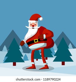 Santa Claus with a bag of gifts goes through the forest at night. The old man in red clothes celebrates new year and Christmas. Snowy winter landscape
