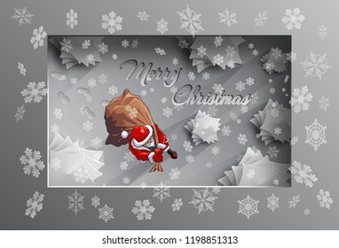 Santa Claus with a bag of gifts, goes leaving footprints in the snow among  the Christmas trees in paper style. Merry Christmas. Top view