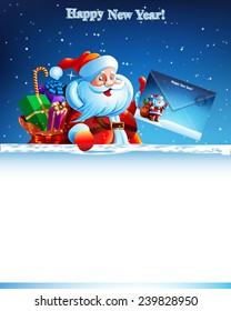 Santa Claus with a bag of gifts holding an envelope with a letter of congratulations and a postage stamp. Happy New Year. Merry Christmas. picture, illustration, image, Vector. Icon.