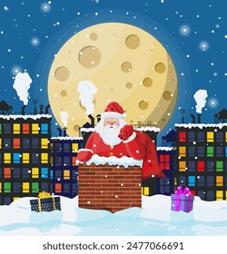 Santa claus with bag with gifts in house chimney, gift boxes in snow. Happy new year decoration. Merry christmas eve holiday. New year and xmas celebration. Vector illustration in flat style