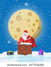 Santa claus with bag with gifts in house chimney, gift boxes in snow. Happy new year decoration. Merry christmas eve holiday. New year and xmas celebration. Vector illustration in flat style