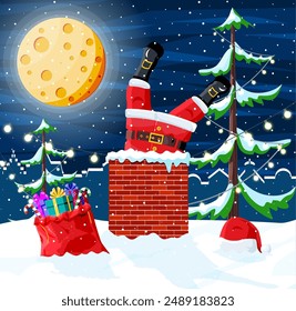 Santa claus with bag with gifts at house roof. Santa claus stuck in chimney. Happy new year decoration. Merry christmas eve holiday. New year and xmas celebration. Vector illustration in flat style