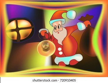 Santa Claus with a bag of gifts and a lantern looks into the windows on a celebration  night