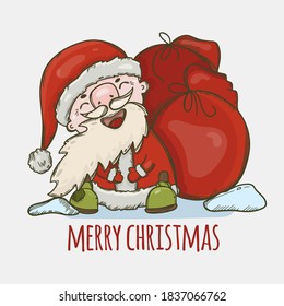 SANTA CLAUS WITH A BAG OF GIFTS LAUGHING Cute New Year Merry Christmas Cartoon Holiday Hand Drawn Vector Illustration Set For Print
